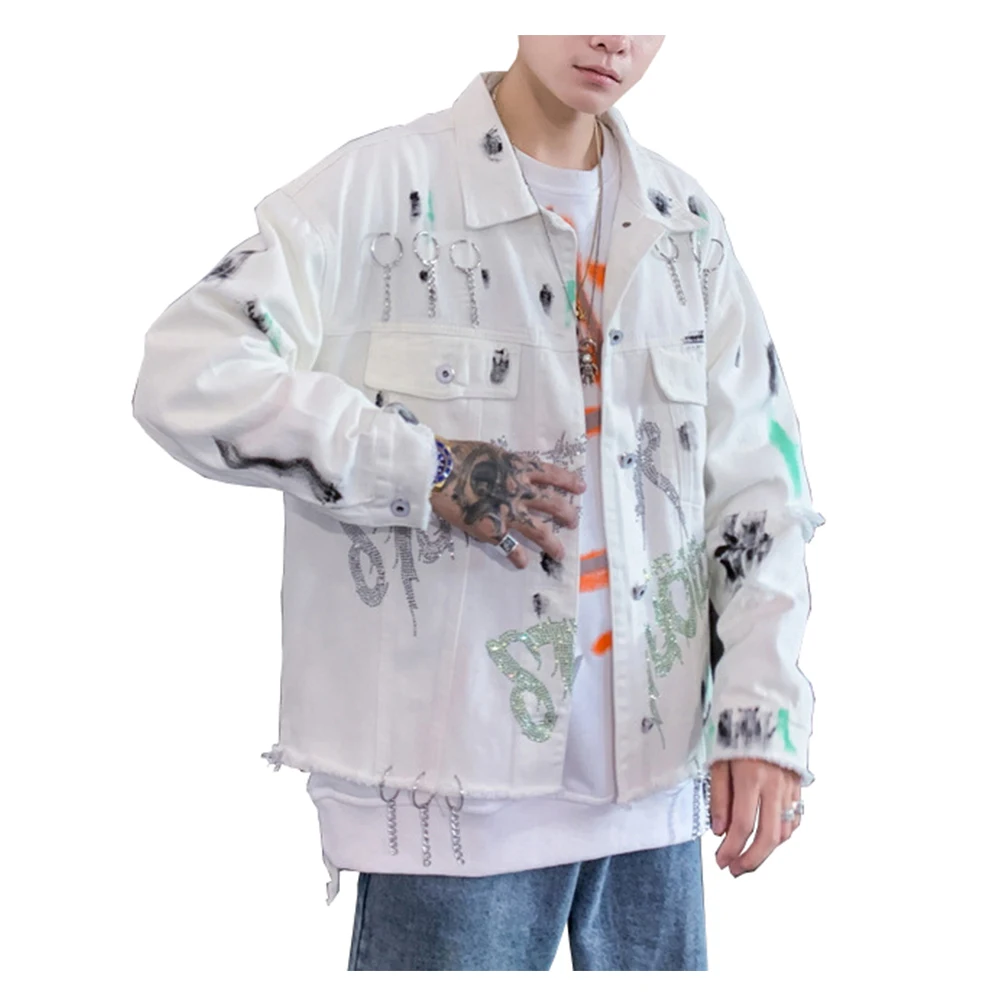 Men's Crystal Rivets White Denim Jacket 