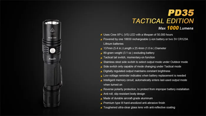 Fenix PD35 V2.0 PD35 TAC Cree XPL светодиодный тактический фонарь с яркостью на дальние расстояния, уличный фонарь с питанием от 18650 летучей мыши