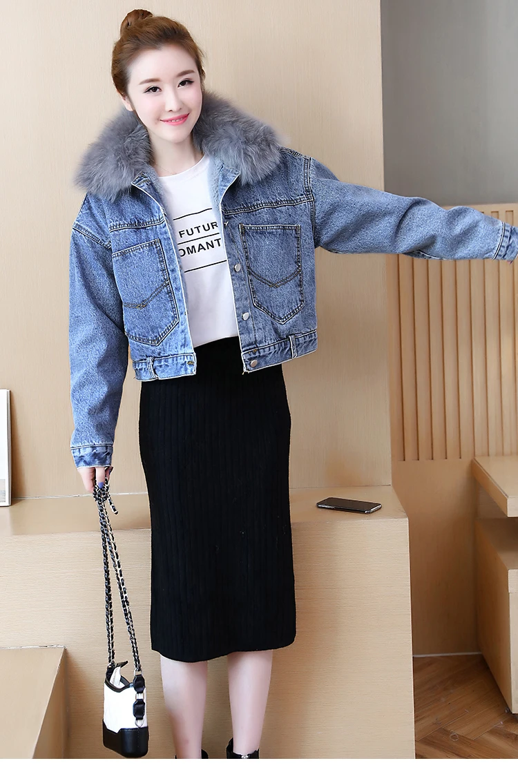 Толстая джинсовая куртка женская зимняя меховая воротник Корейская мутоновая Шуба Женская Студенческая короткая куртка Chaqueta Mujer верхняя одежда и пальто