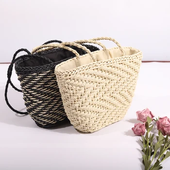 

Vintage Rattan Woven Women Shoulder Messenger Bucket Beach Holiday Bags Woven Vacation Beach Square Crossbody Handbags