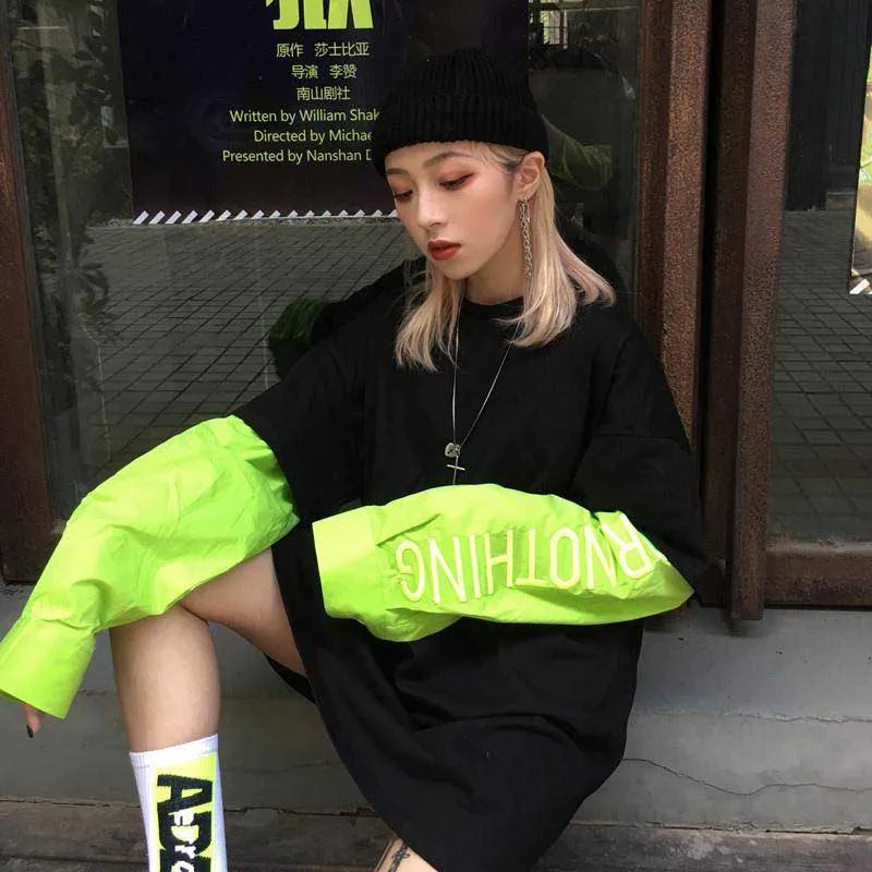 black green NiceMix Ulzzang женские черные футболки Харадзюку уличные панк Tumblr вышивка женские футболки корейские негабаритных уникальные пары одежды - Цвет: black green