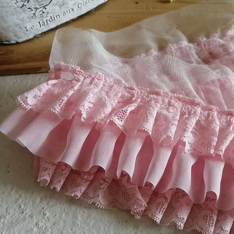 9CM Wide Three Layers Chiffon Lace Applique 3d Flowers Embroidered Fringe Ribbon Sewing Cuffs Collar Skirt Clothing Decor Lace Ribbon Lace Garment Accessories Lace Sewing Supplies