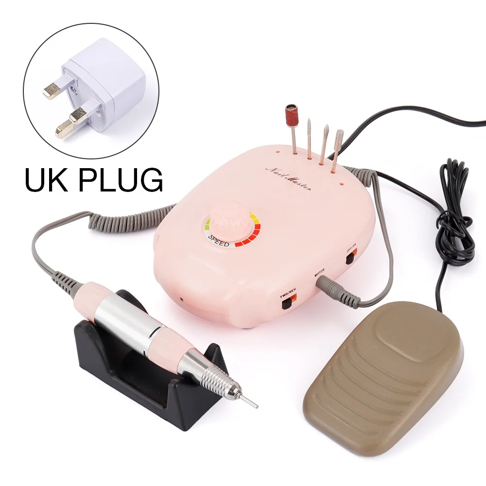 UK PLUG (220-240V) Розовая дрель для маникюра, 35000 об/мин, 20 Вт, электрическая дрель для ногтей, аксессуары для сверла машины, контроль скорости, педикюр, маникюрные инструменты - Цвет: UK PLUG (220-240V)