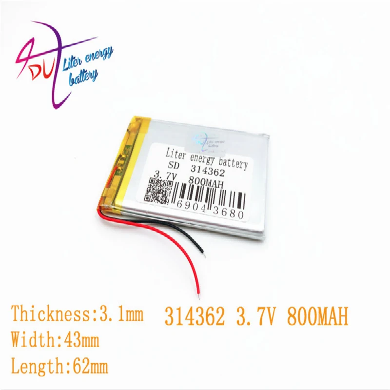 3,7 V, 800 mAH, 314362 304060 PLIB; полимерная литий-ионная/литий-ионный аккумулятор для gps, mp3, mp4, mp5, dvd, bluetooth, модель игрушки