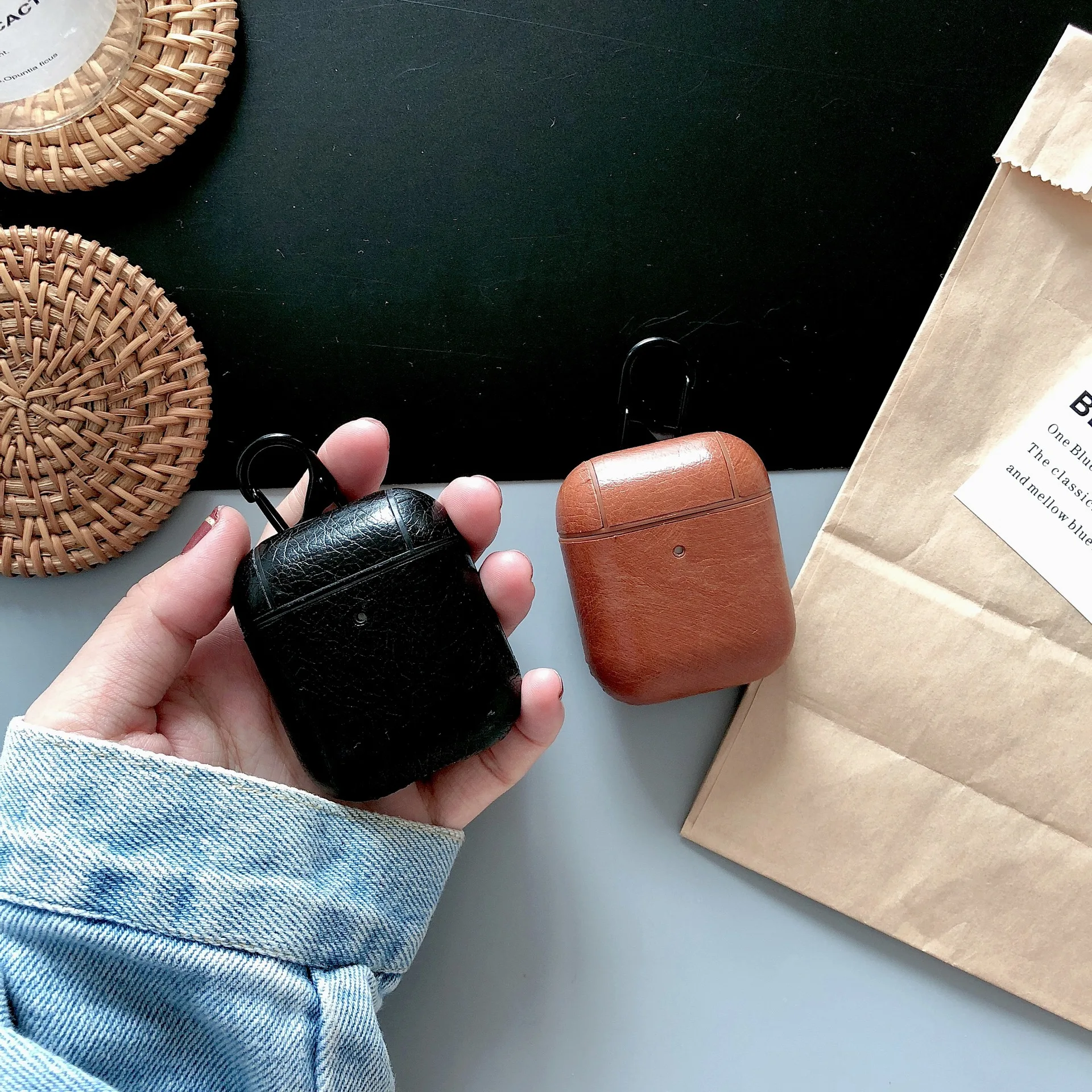 black Чехол Airpods из натуральной кожи для Apple Airpods 1 2, чехол для зарядки, защита от пыли, аксессуары - Цвет: black