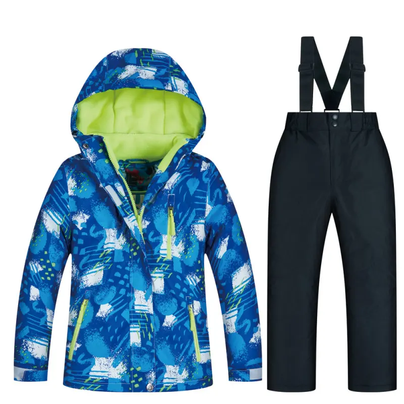 Брендовый плотный теплый лыжный костюм; детская водонепроницаемая ветрозащитная куртка для катания на лыжах и сноуборде; брюки; Детские Зимние костюмы; верхняя одежда - Цвет: Coat and Black