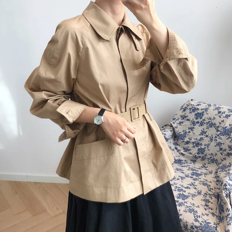 Korean Khaki Women's Windbreaker Lapel Collar Long Sleeve High Waist Sashes Loose Casual Jackets Female Fashion L716 - Цвет: khaki