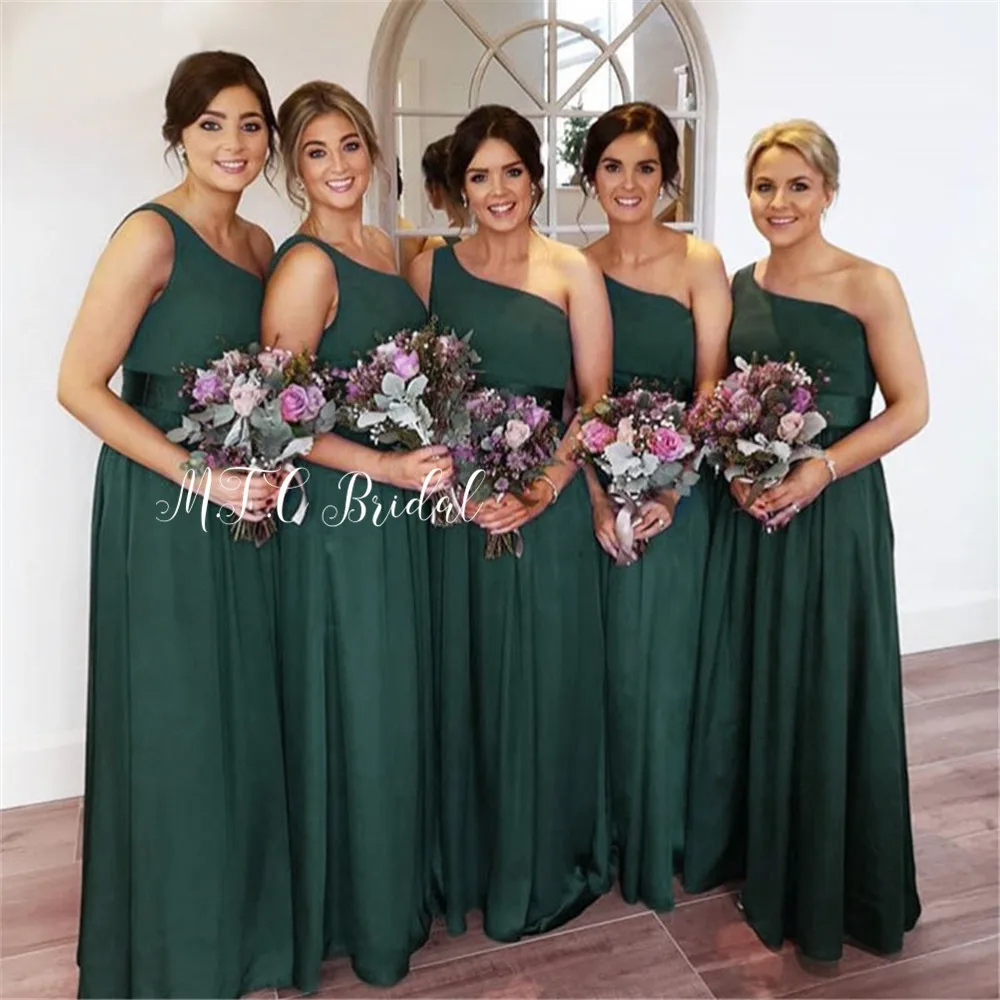 Темно-зеленые платья для подружки невесты длинные одно плечо линия эластичный атлас недорогое свадебное торжество платья халат для оптовой продажи De Soiree