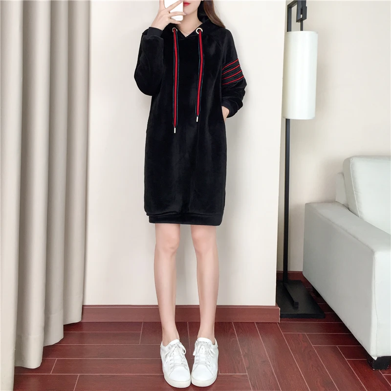 

Early autumn fleece new han edition loose women long sleeve in the spring and autumn winter long knee-length dress and hair thic