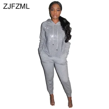 

Sequin Sporty 2 Piece Matching Set Track Suit Women Hooded Long Sleeve Oversized Sweatshirt + Pencil Pants Plus Size 2pcs Outfit