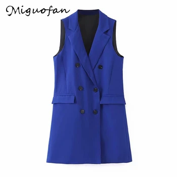 

Miguofan long vest double breast coat women vest blazers coats elegant sleeveless pockets outwear office blazers outweat top
