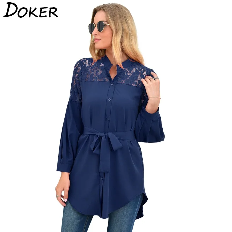 Женские топы и блузки осенние с воротником-стойкой длинным рукавом повседневные