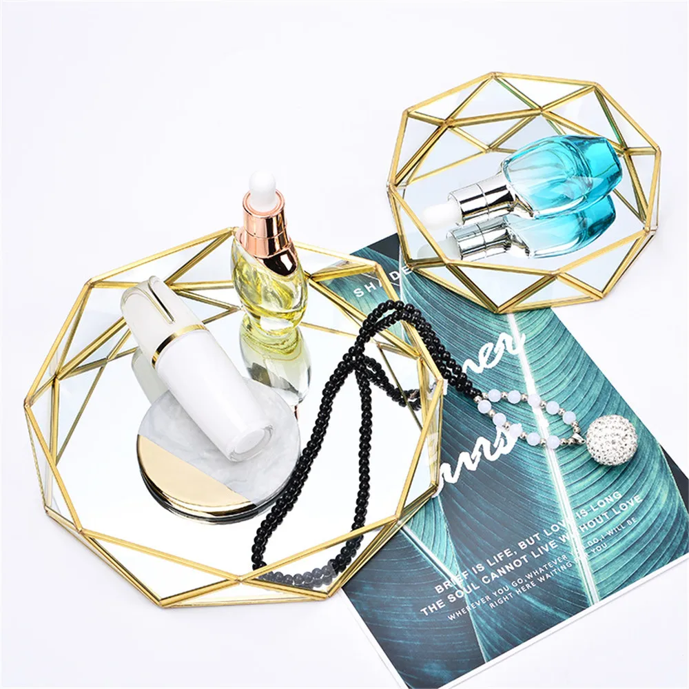 

Luxury Mirror Storage Tray Desktop Cosmetic Jewelry Tray Geometric Round Finishing Plate Nordic Fruit Cake Dessert Dish