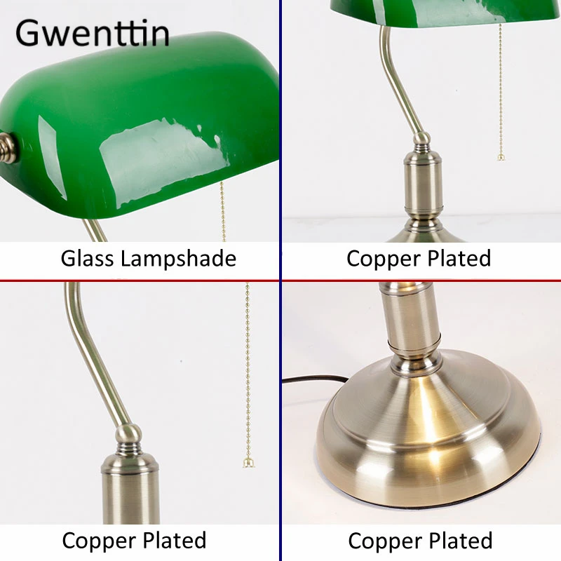 Винтажная настольная лампа из зеленого стекла светодиодная бронзовая подставка