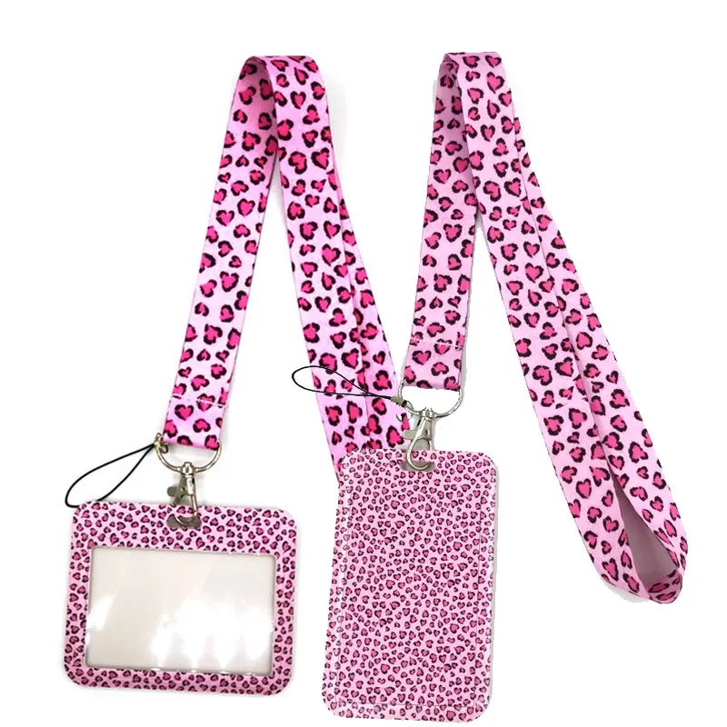 Pink Leopard Print Lanyard Credit Card ID Holder Bag Student Women Travel Card Cover Badge Car Keychain Decorations