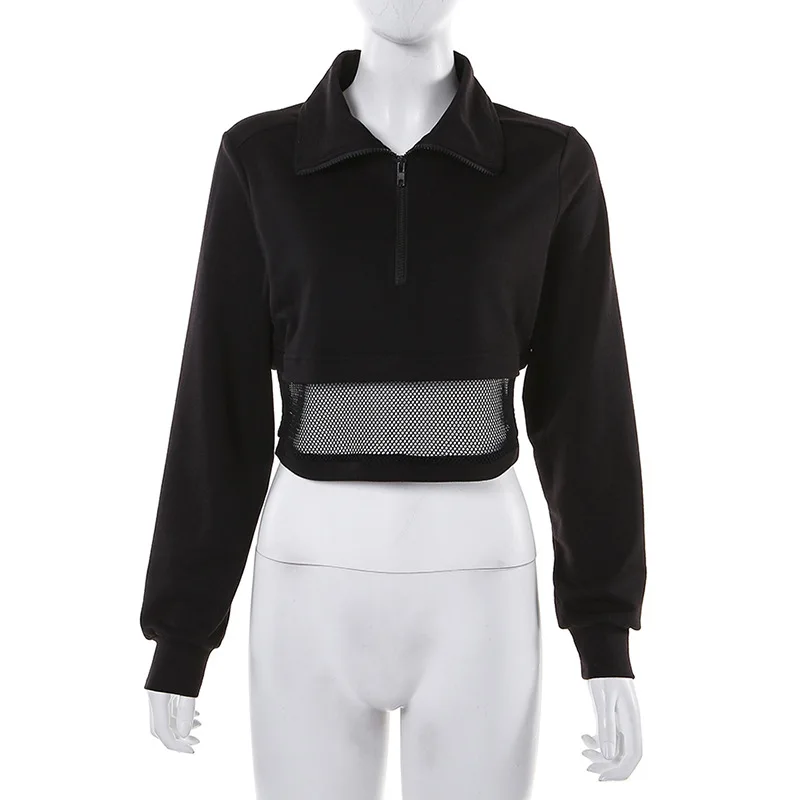 BOOFEENAA/черный негабаритный худи укороченный уличная одежда на молнии с высоким воротником и длинными рукавами, сетчатый комплект Свитшот осень C83-AC40