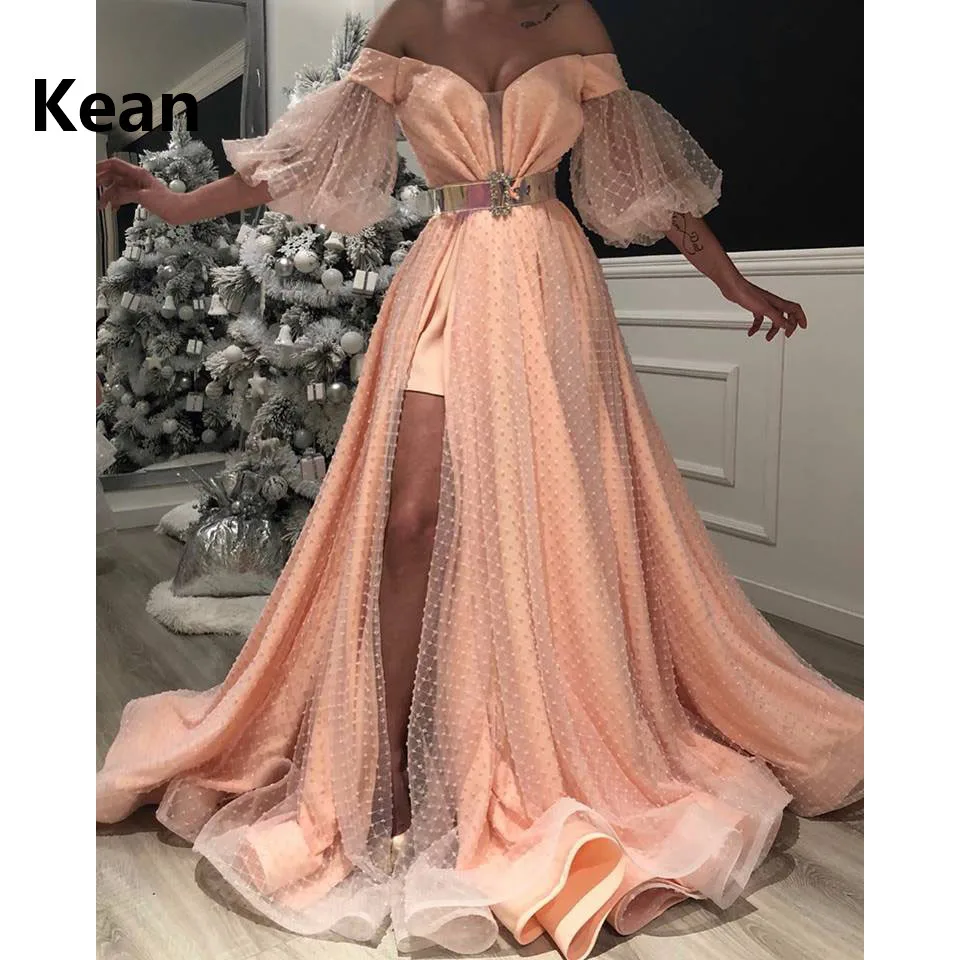 

Peach Muslim Evening Dress Off Shoulder High Slit Lace Flower Illusion Islamic Dubai Kaftan Saudi Arabic Prom Dress Custom Made