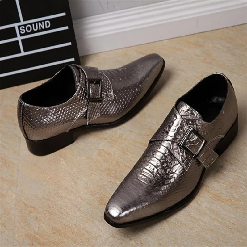 British Men's Genuine Leather Shoes gold/ Silver Business Party Dress Shoes Fashion Flat Wedding Men Gentleman Oxford Shoes