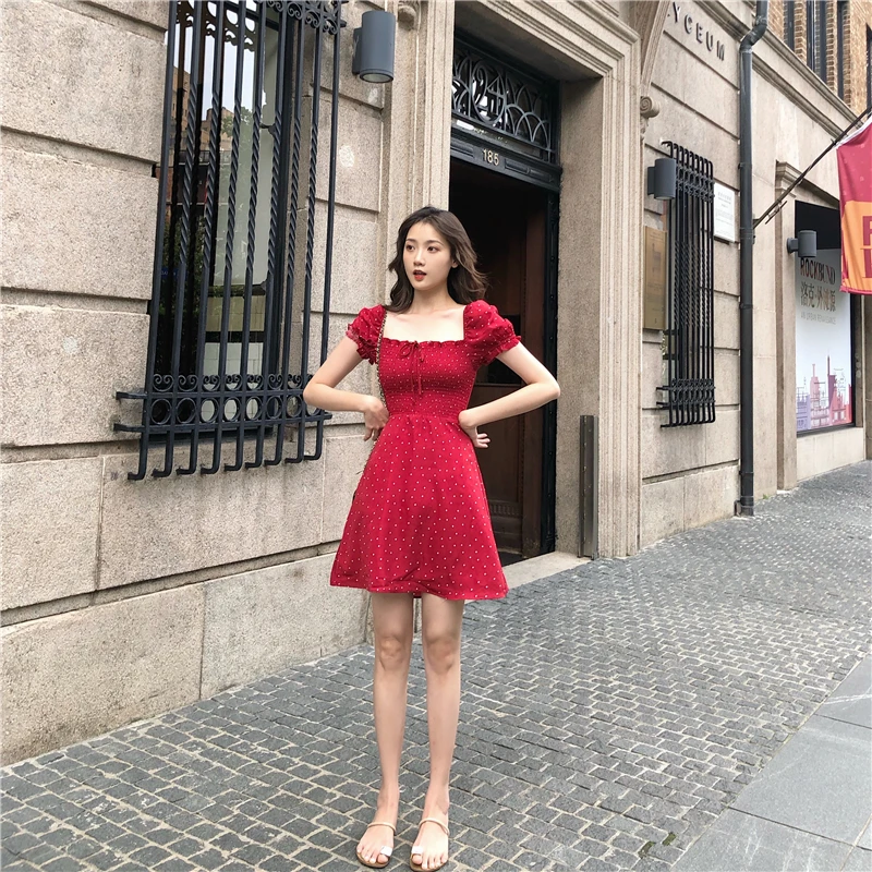 Женская одежда vestidos шикарное платье в горошек с пышными рукавами и квадратным воротником с бантом летнее модное красное платье в винтажном стиле корейские платья