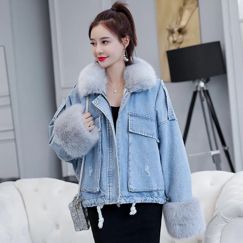 Корейская утолщенная женская джинсовая куртка, зима, длинный рукав летучая мышь, большой меховой воротник, теплые женские свободные джинсовые пальто, шерстяная джинсовая куртка