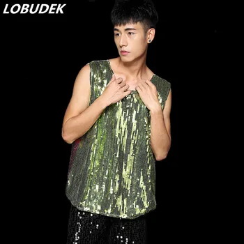 

Men Jazz Street Dance Costume HIP HOP Male Singer Double-sided Sequins Vest Black Pants 2-Pieces Set Loose Sequin Waistcoat Wear