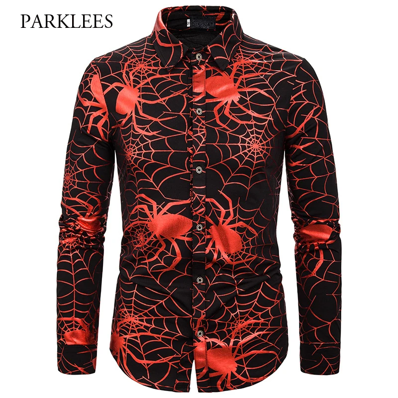 Стильные мужские рубашки золотого и бронзового цвета, Chemise Homme, новинка, брендовая мужская повседневная приталенная рубашка с длинным рукавом и принтом «Паук»