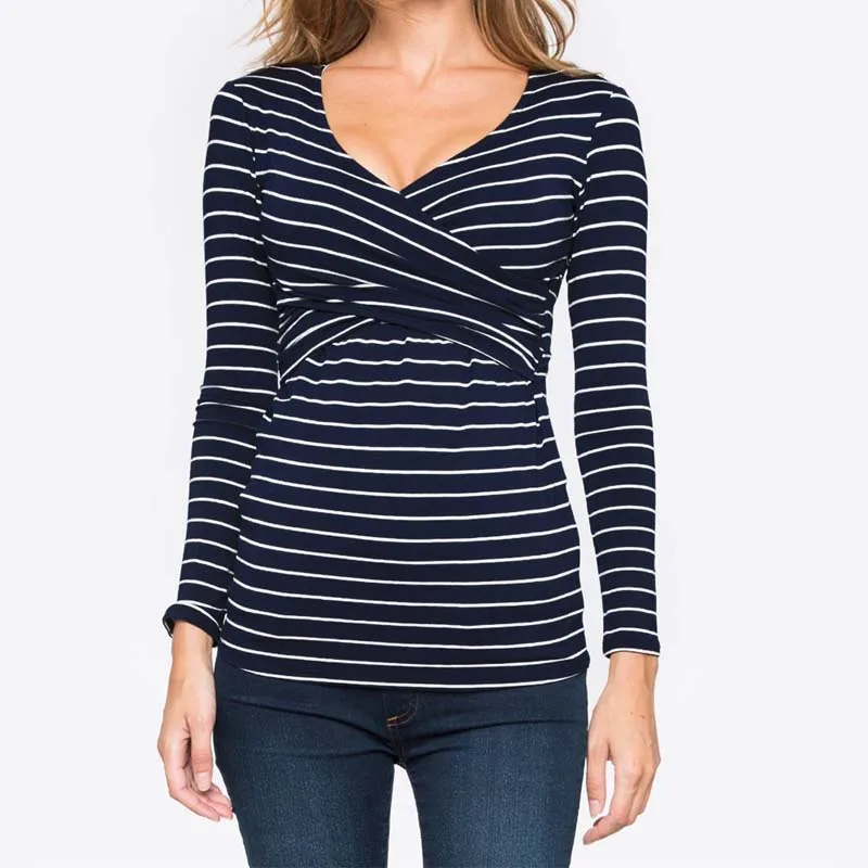Blue stripe Одежда для беременных кормящих женщин с принтом для беременных кормящих женщин с v-образным вырезом крест кормящих топ с длинным рукавом Одежда для кормления грудью беременность футболка - Цвет: Blue stripe