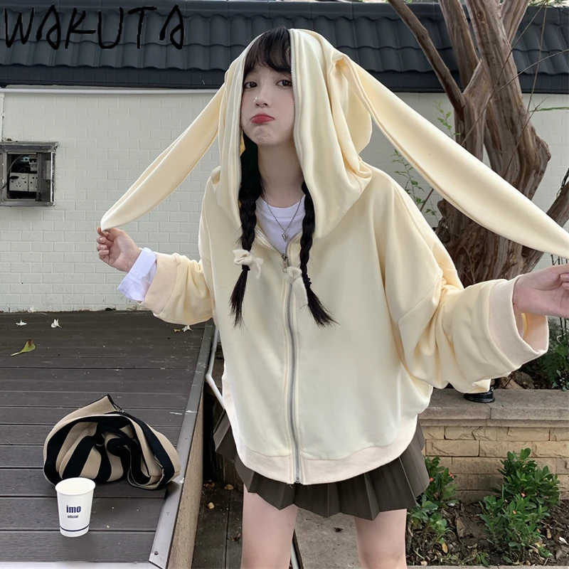 WAKUTA Sudadera con capucha con Orejas de conejo para mujer, desenfadado, estilo coreano, Tops grises calle para Primavera, 2021|Sudaderas con capucha y - AliExpress