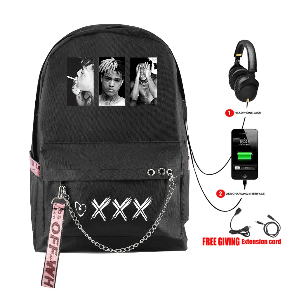 

Rapper XXXTentacion Canvas Print Bag with USB Charging Port Funny Backpack Hip Hop Teenager School Style Cool Canvas Backpacks