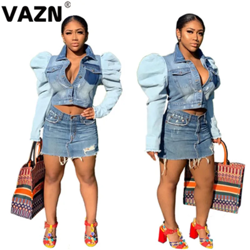 light blue VAZN светильник, синяя,, праздничная, женская, осенняя, уличный стиль, v-образный вырез, тонкая,, джинсовая футболка, длинный рукав, футболка для ночного клуба - Цвет: light blue