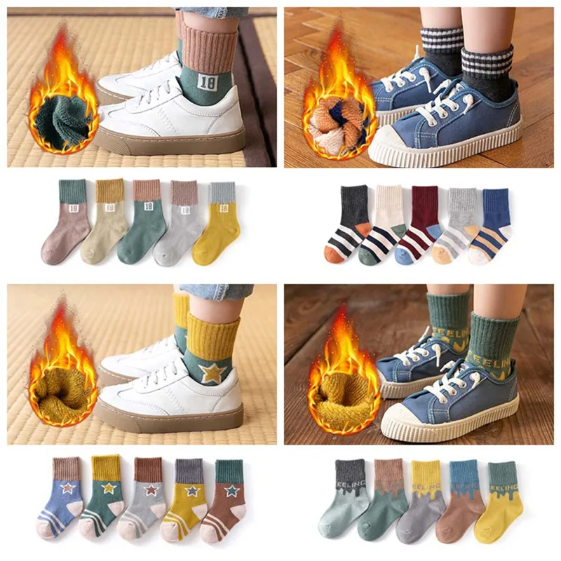 5Pairs/Pack Baby Kids Socks Autumn Winter Warm Thickening Terry Cotton Socks Fashion Pattern Socks for Children 1-12T