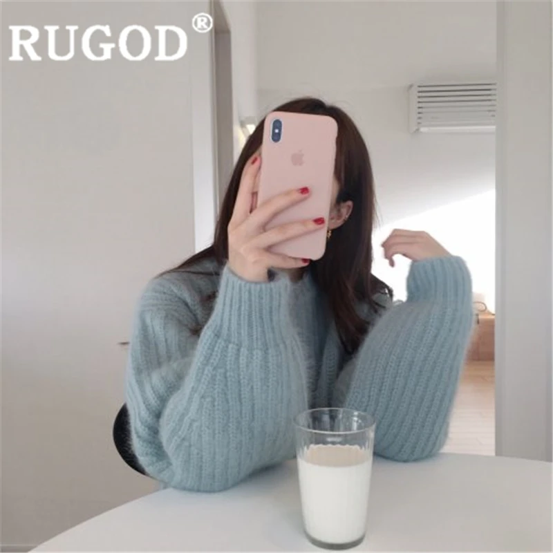 RUGOD зимний теплый Однотонный свитер пуловер для женщин с круглым вырезом шерсть свободный толстый вязаный свитер модный женский милый шик