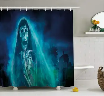 

Halloween Shower Curtain Skull Spooky Woman in Cemetery,Cemetery,Tomb Surrounded,In the Dark Night