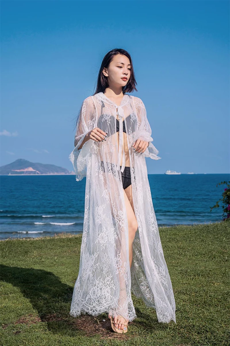 Вязаная крючком Туника, Пляжное Платье с разрезом, Hemline, накидка, сексуальный ажурный вязаный купальник, накидка с длинным рукавом, летняя женская пляжная одежда