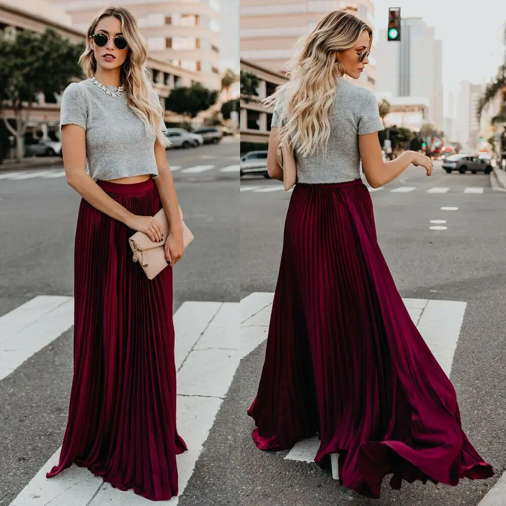 

Casual Women Boho Chiffon Long Maxi Solid Lady Beach Party Pleated Sundress Skirt