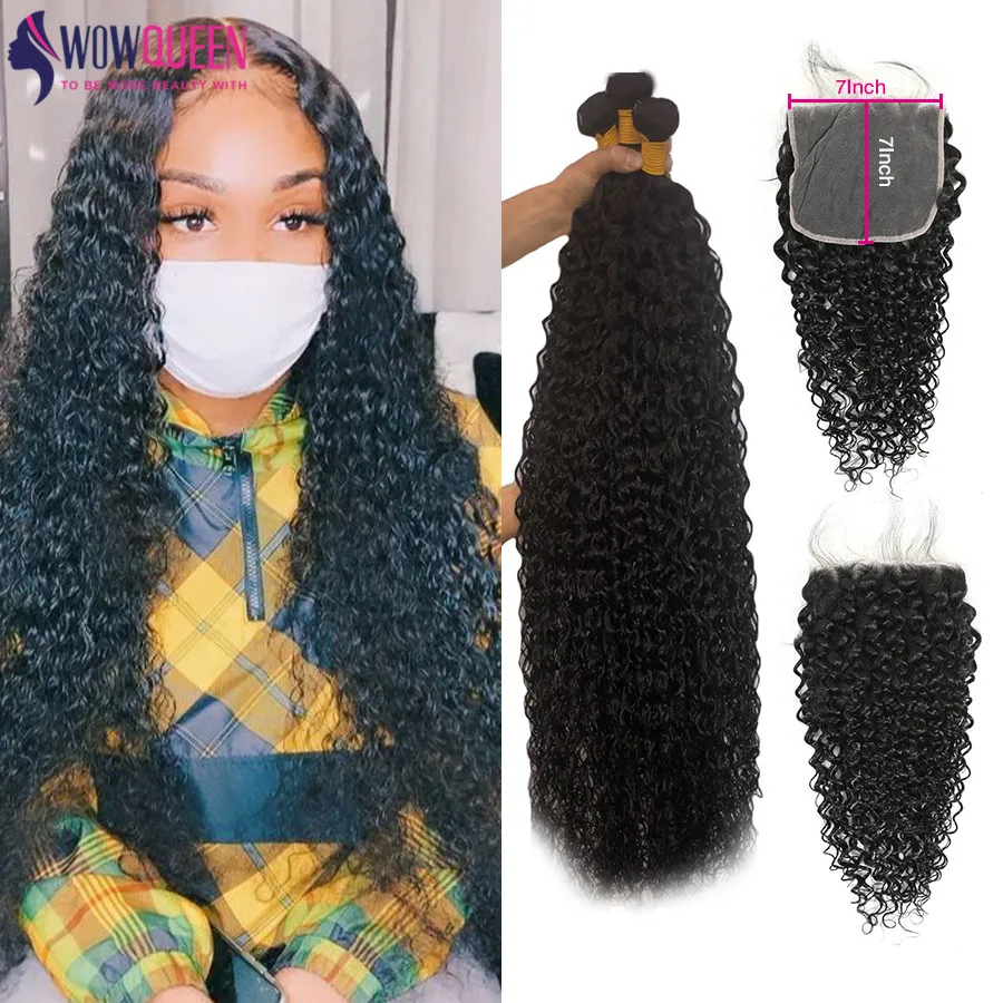 Fechamento de Wowqueen Fechamento de Fechamento de 7×7 e Pacotes de Ondas Água Remy Cabelo Brasileiro Tece Humano d’