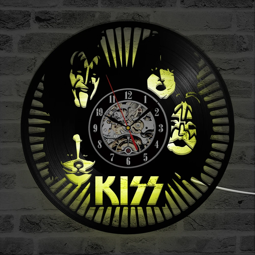 Рок-Группа Kiss светодиодный настенные часы современный дизайн классические CD часы семь цветов подсветка Виниловая пластинка настенные домашние декоративные часы бесшумные