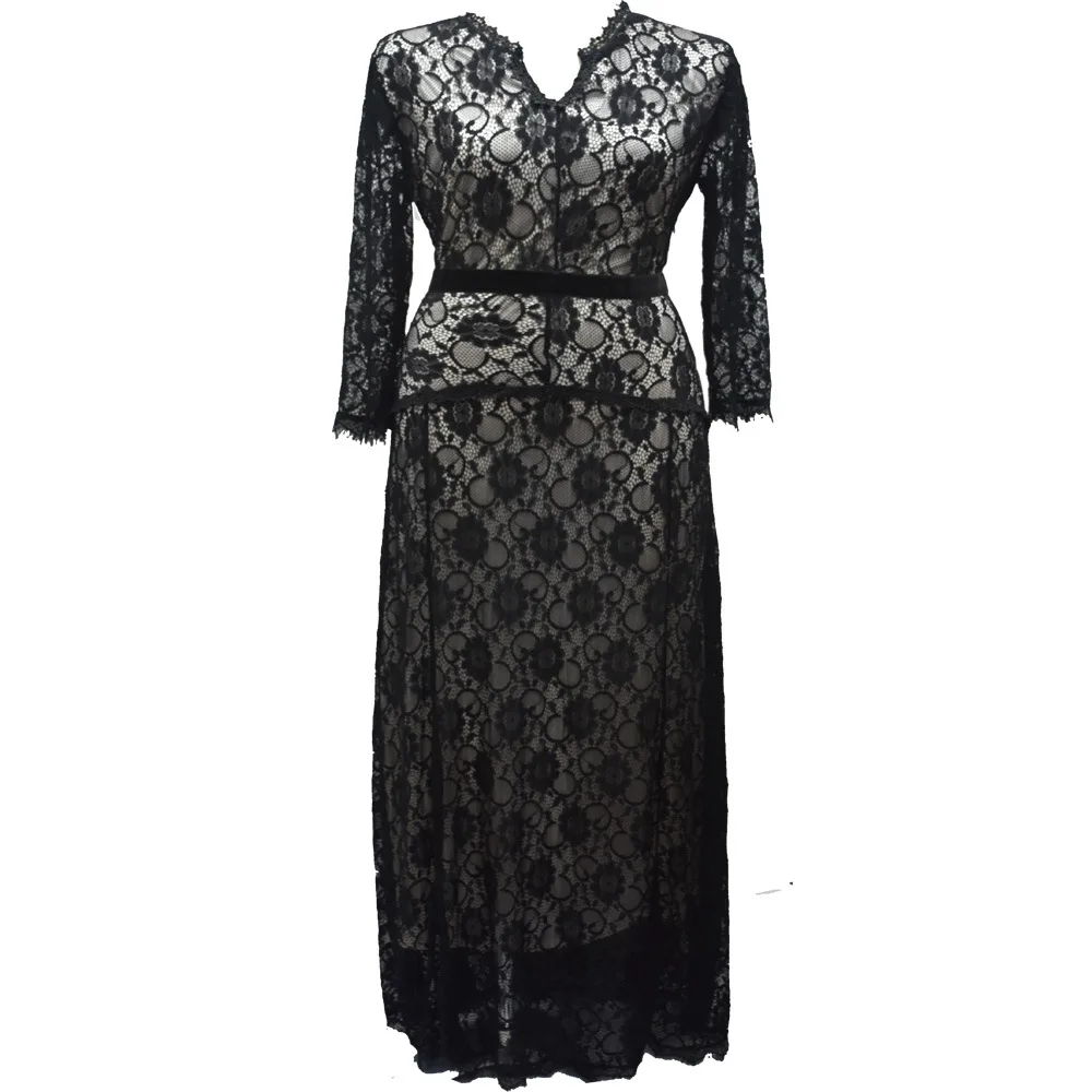 Женское платье макси платье Vadim vestido de festa vestidos mujer женский темперамент семь рукав v-образный вырез кружева жира мм звезда того же размера - Цвет: Черный