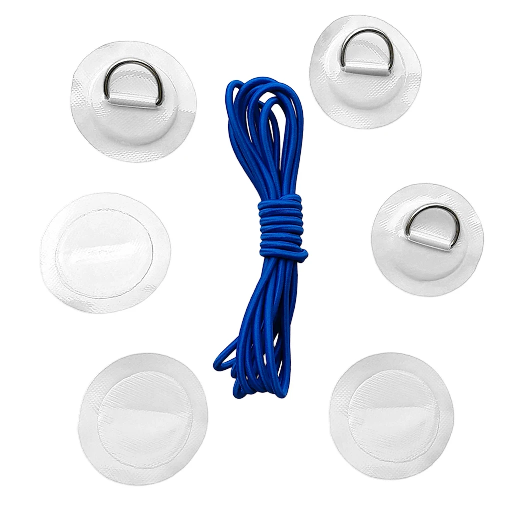 6Pcs Inflatable Boat Kayak SUP D-ring Patch & Elastic Shock Cord Set- 6 Colors Dinghy D Ring Round Patch