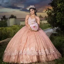 

New Pink Quinceanera Dresses Ball Gowns For Sweet Girl Beading Sequined Sweep Train Princess Prom Dress Vestidos De 15 Años