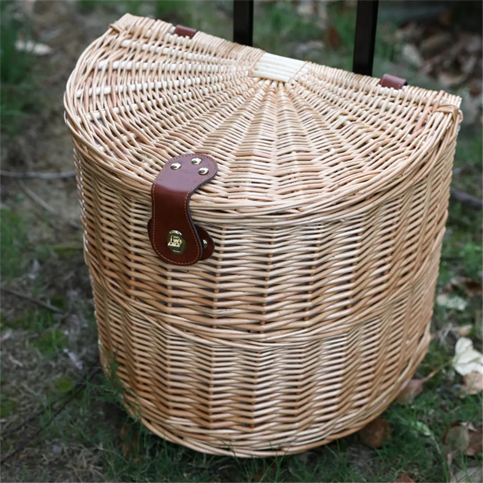 Rattan Trolley Picnic Basket Natural Wicker Weaving Lunch Baskets Wheels Family Outing Trip Picnic Bento Storage High Capacity