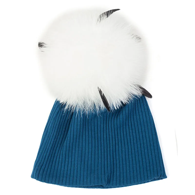 dark blue white Geebro/Новое поступление; детская шапка в рубчик с галстуком-красителем; Модный прочный мягкий хлопок; шапка для девочки; 15 см; страусиное меховое шапки с помпонами - Цвет: dark blue white