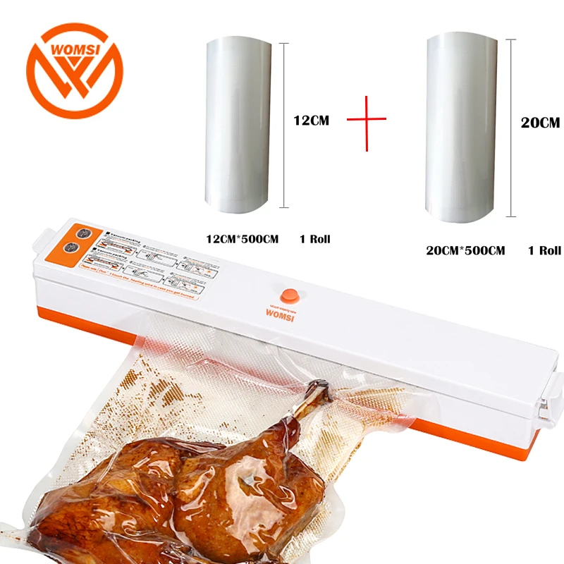 WOMSI 220 V/110 V бытовой пищевой вакуумный упаковщик упаковочная машина пленочный упаковщик вакуумный упаковщик в том числе 15 шт пакетов и 2 рулона