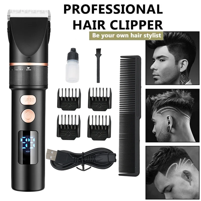 Cortadora de pelo eléctrica recargable para hombres, máquina de corte de cabello con cuchilla de cerámica de titanio, con pantalla LCD