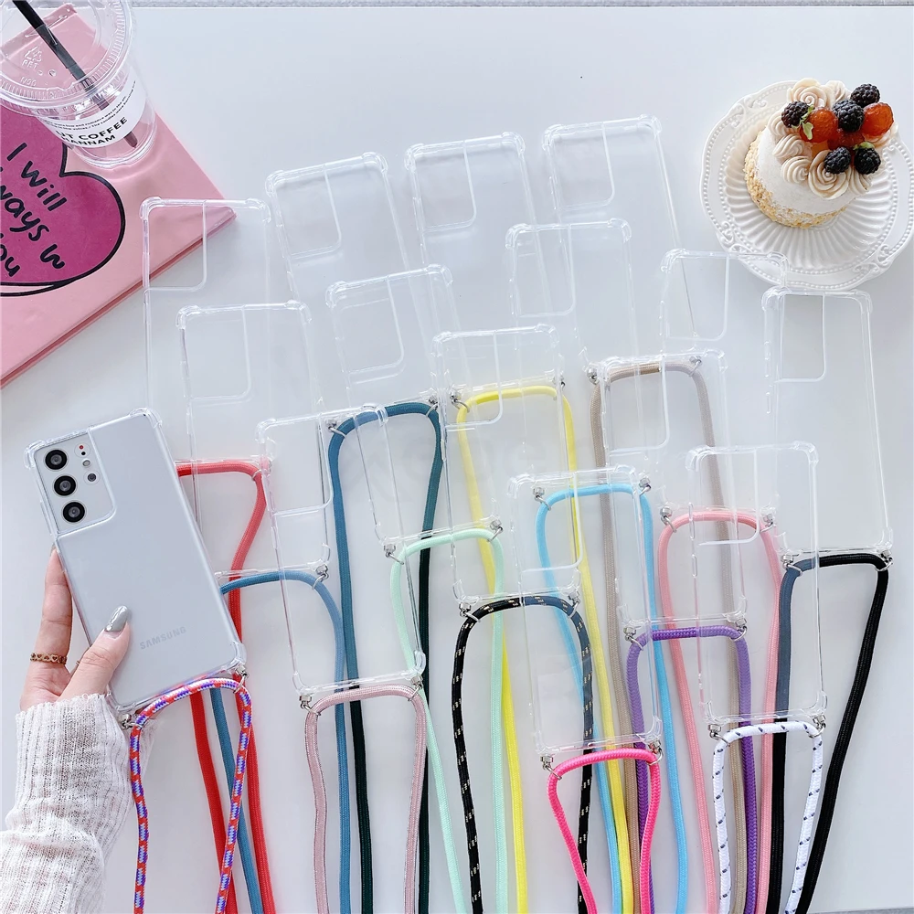 Neck Strap Lanyard Cord Rope Phone Case For Samsung S22 Plus S21 FE S20 Ultra S10 5G Lite S9 S8 Hang Clear Soft Silicone Cover cute samsung cases
