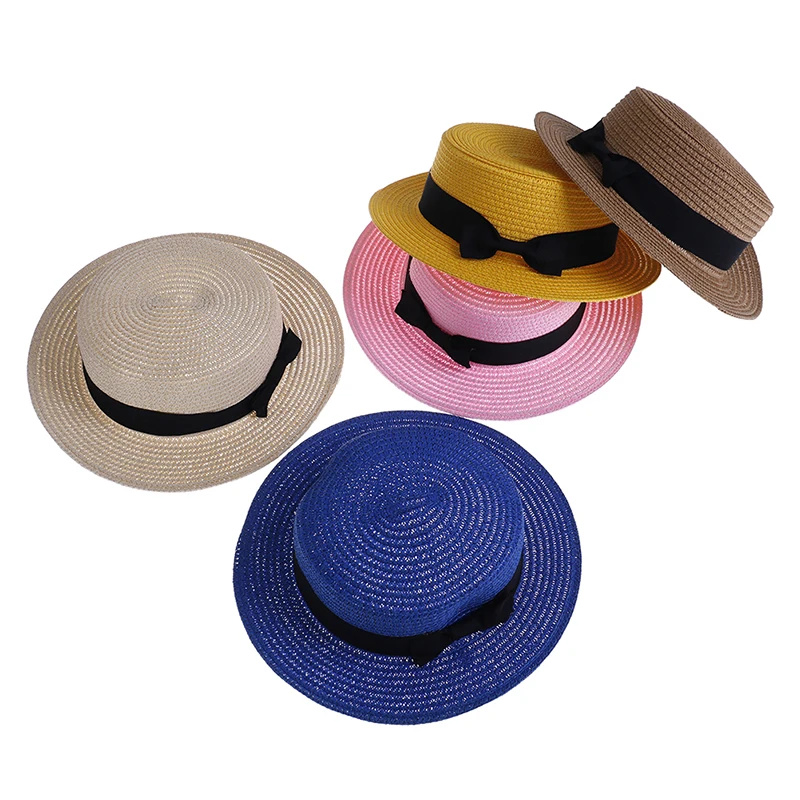 2-8T Mother Lovely Bowknot Flat Wide Brim Cap Summer Boho Straw Sun Hat Daughter Macthing Beach Cute Hat Women Kids Baby Girls