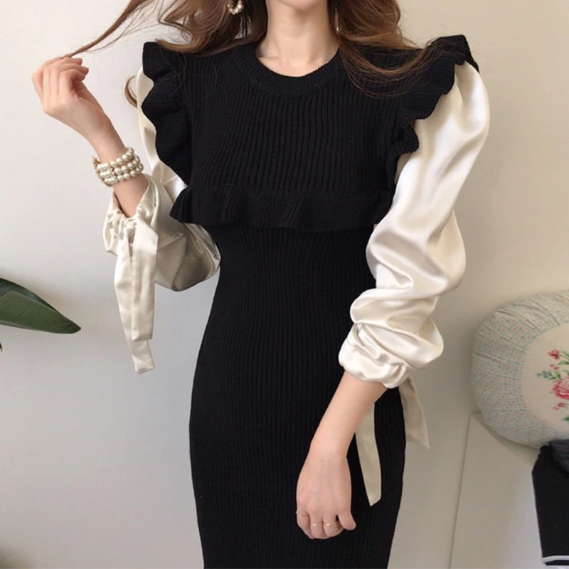 

Paris Girl French Retro Fungus Stitching Long-sleeved Fake Two-piece Slim Slim Long Knit Dress Female