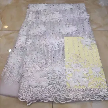 

White African Lace Fabric 2019 French Cord Lace Fabric Embroidered Nigerian Tulle Lace Fabric With Stones For Wedding