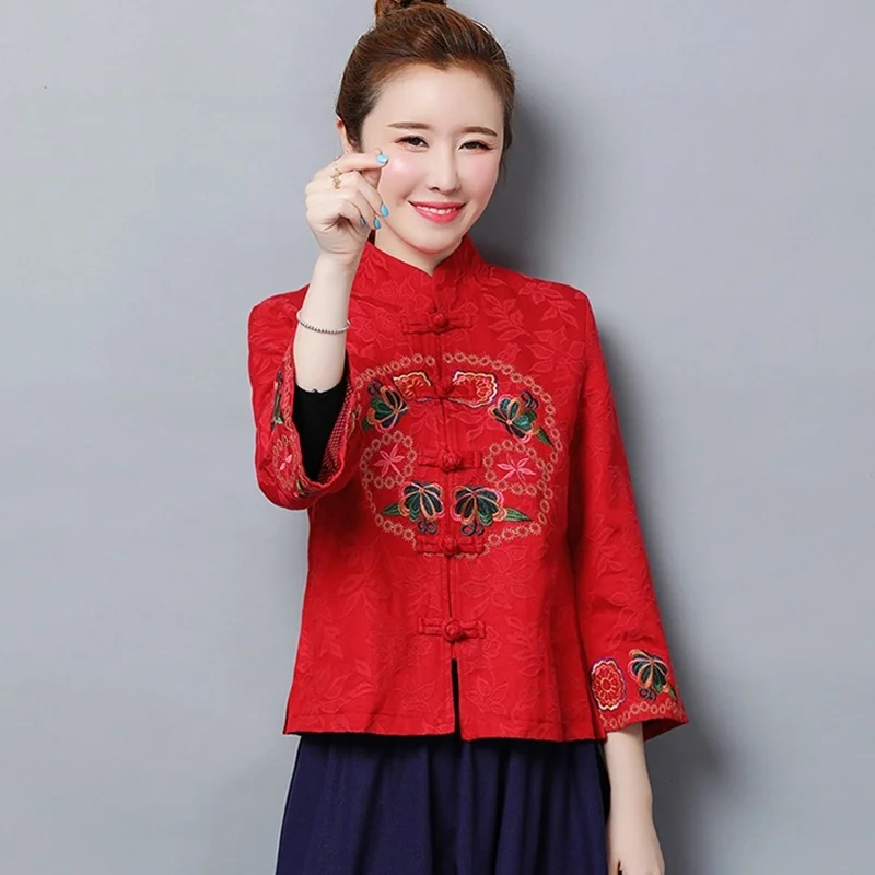 Женские китайские Топы Hanfu с вышивкой, винтажное пальто, этническое, литературное, стоячий воротник, хлопок, лен, китайский стиль, женская одежда TA2117