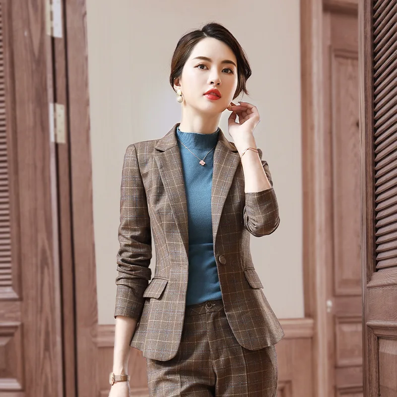 

Women's 2 piece set autumn and winter fashion plaid suit professional suit female Slim long-sleeved suit jacket pants two-piece